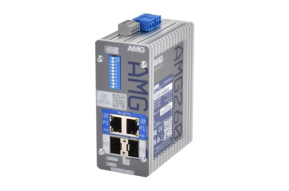 Industrielles AMG-Netzwerkgerät mit zwei Ethernet-Anschlüssen und Status-LEDs, isoliert auf weißem Hintergrund dargestellt.