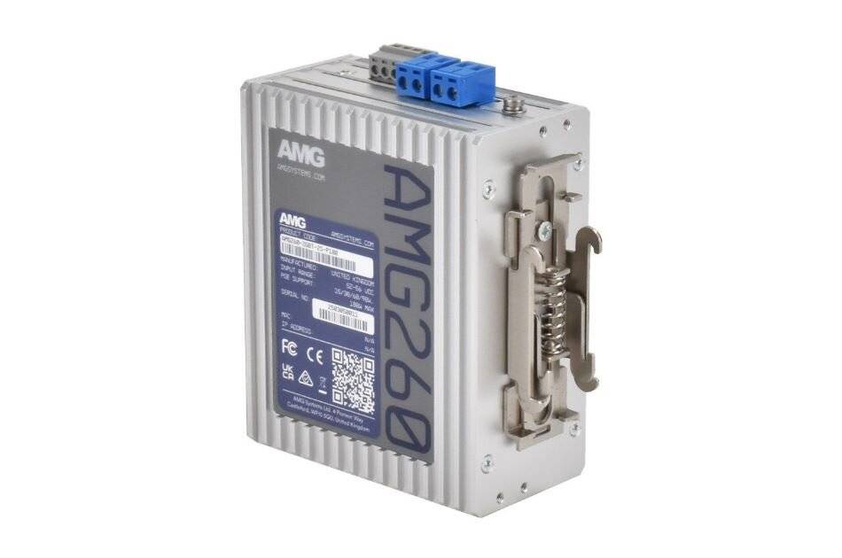 AMG 260 Industrie-Elektronikmodule mit blauen Anschlussblöcken und seitlichen Befestigungsclips auf weißem Hintergrund
