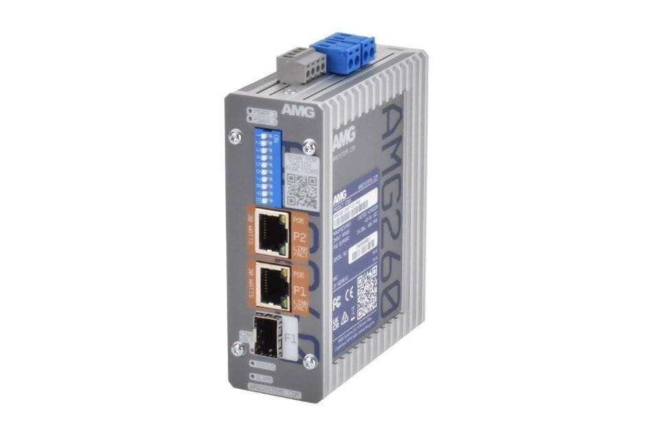 Industrieller Ethernet-Switch mit vier RJ45-Anschlüssen, blauen DIP-Schaltern und Statusbezeichnungen auf einem grauen Gerät der Marke AMG