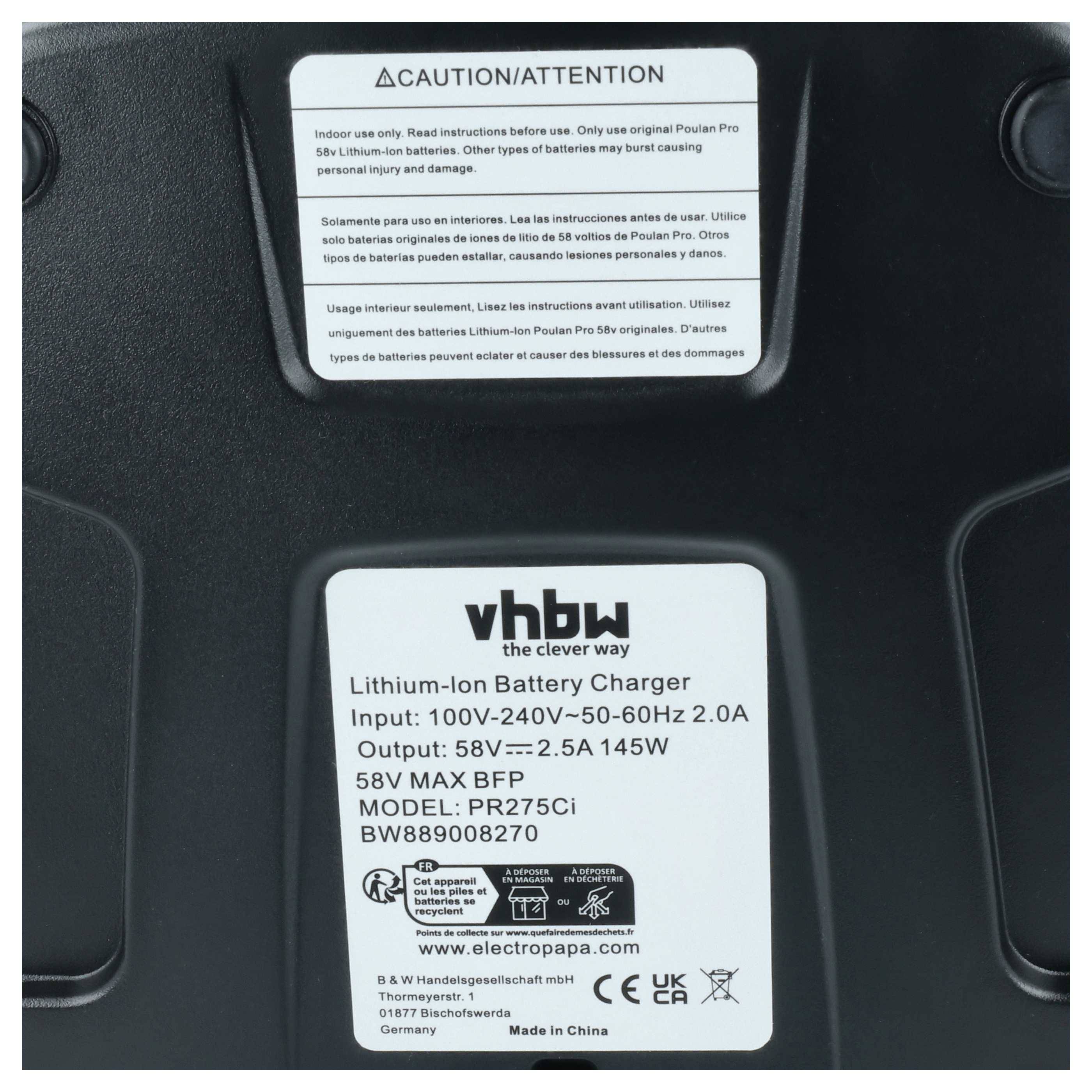 vhbw Ladegerät kompatibel mit McCulloch Jonsered 58V Werkzeug Akkus, 58 V
