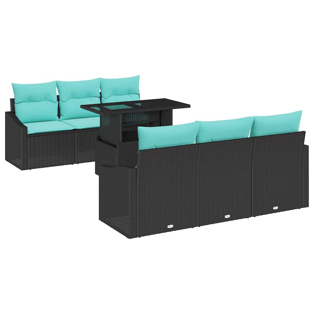 vidaXL Garten-Sofa-Set mit Kissen 7 pcs Schwarz und Blau Poly-Rattan