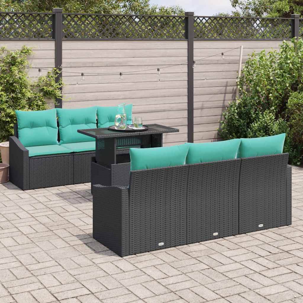 vidaXL Garten-Sofa-Set mit Kissen 7 pcs Schwarz und Blau Poly-Rattan