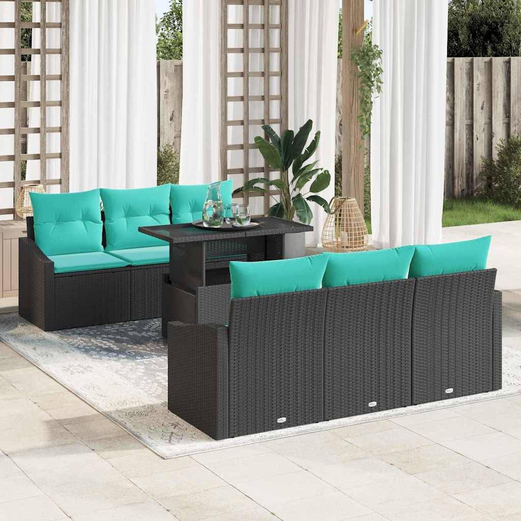vidaXL Garten-Sofa-Set mit Kissen 7 pcs Schwarz und Blau Poly-Rattan