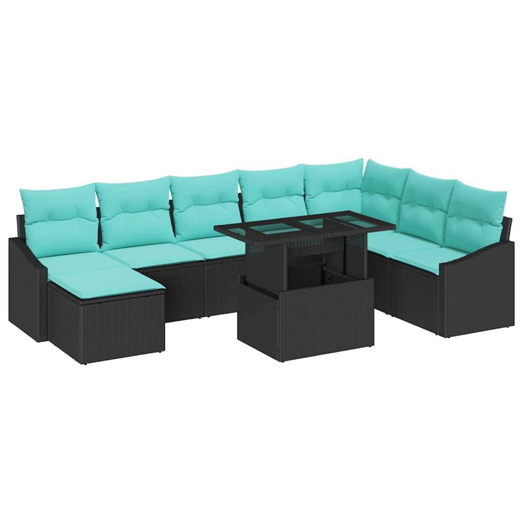 vidaXL Sofa Set mit Kissen 9 pcs Schwarz und Blau Poly-Rattan