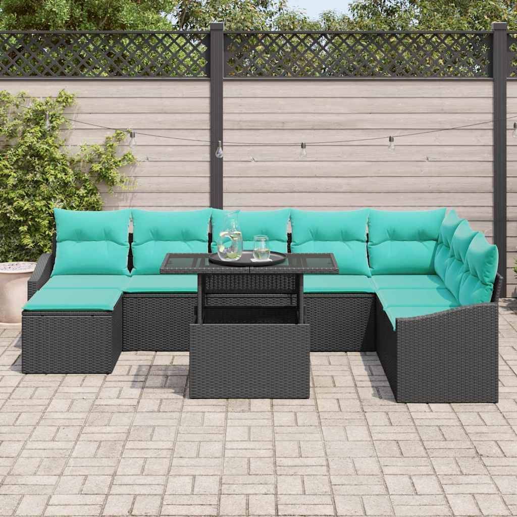 vidaXL Sofa Set mit Kissen 9 pcs Schwarz und Blau Poly-Rattan