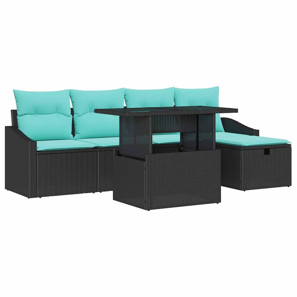 vidaXL Garten-Sofa-Set mit Kissen 6 pcs Schwarz Poly Rattan