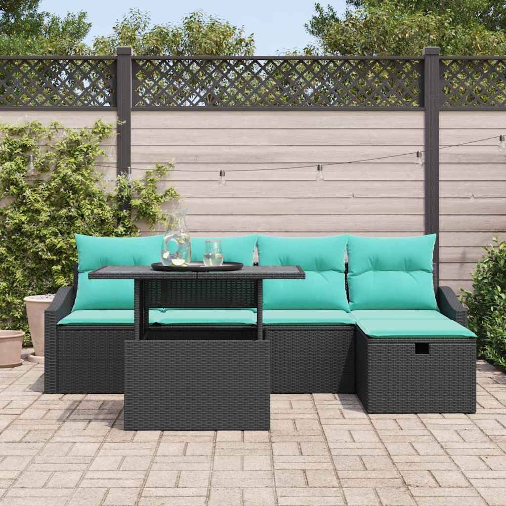 vidaXL Garten-Sofa-Set mit Kissen 6 pcs Schwarz Poly Rattan