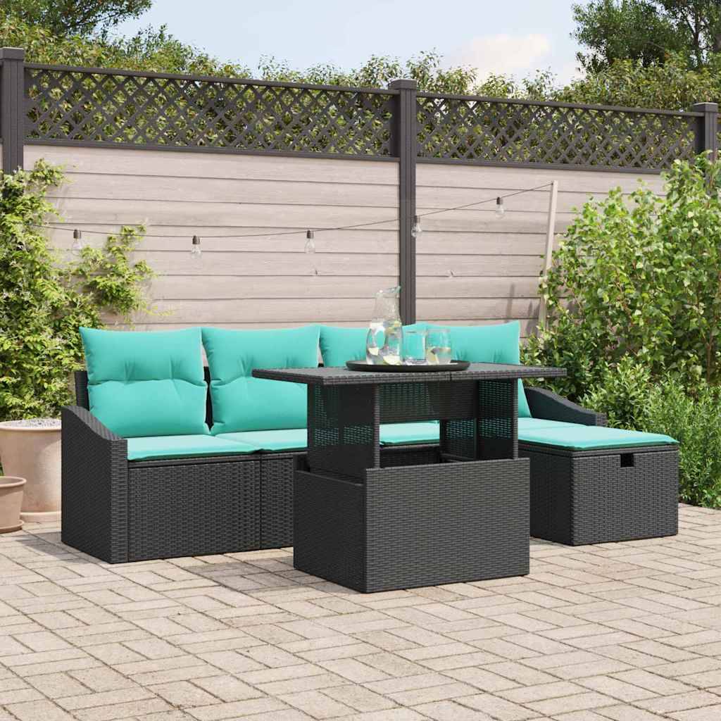 vidaXL Garten-Sofa-Set mit Kissen 6 pcs Schwarz Poly Rattan