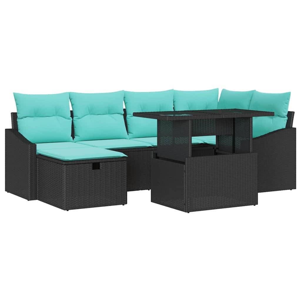 vidaXL Garten-Sofa-Set mit Kissen 7 pcs Schwarz Poly Rattan