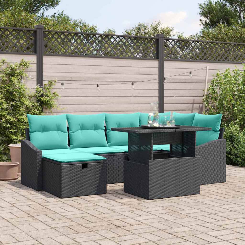 vidaXL Garten-Sofa-Set mit Kissen 7 pcs Schwarz Poly Rattan