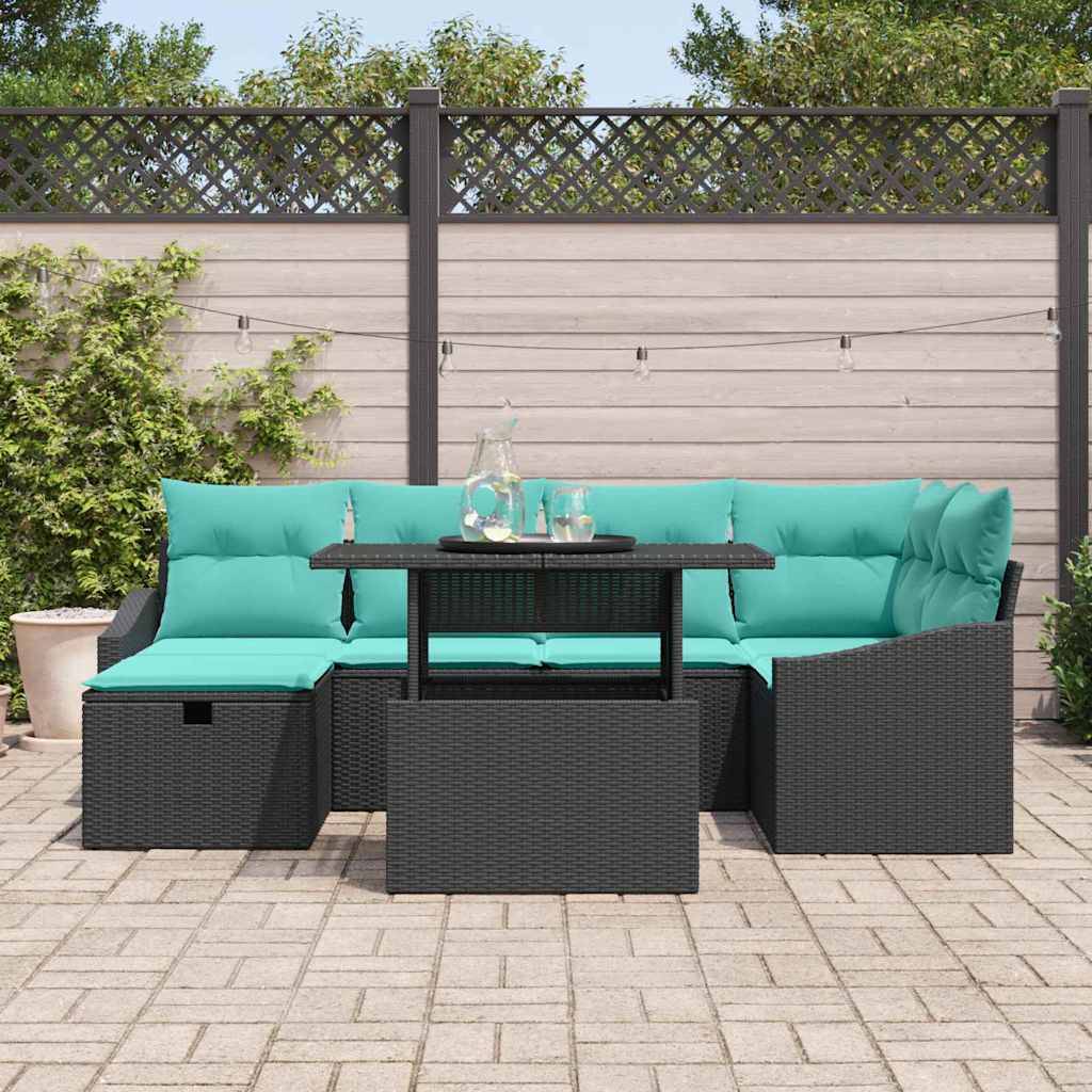 vidaXL Garten-Sofa-Set mit Kissen 7 pcs Schwarz Poly Rattan