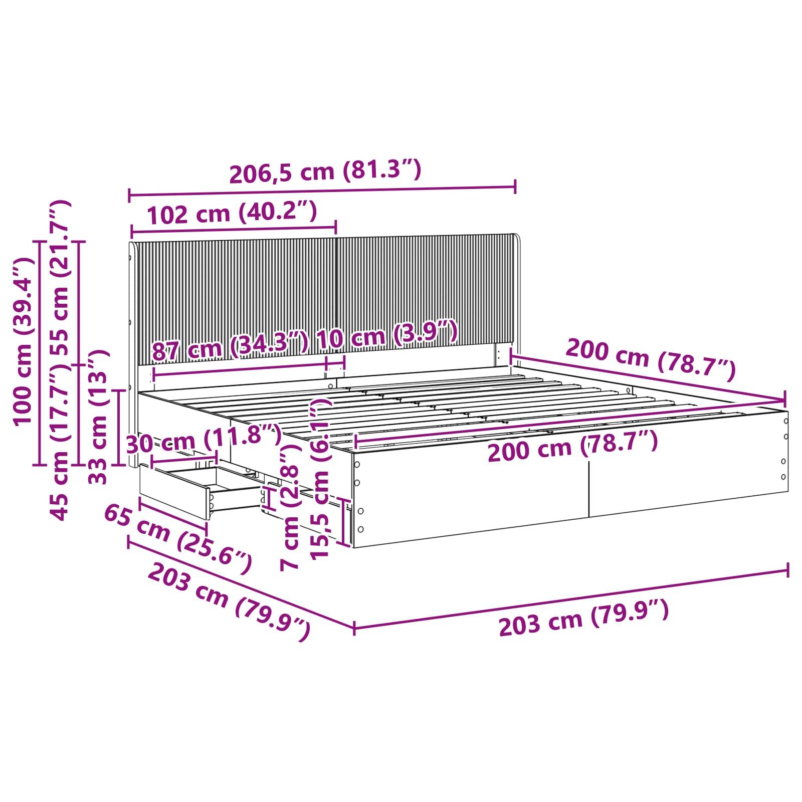 vidaXL Bettgestell mit Stauraum und Kopfteil Schwarz 200 x 200 cm