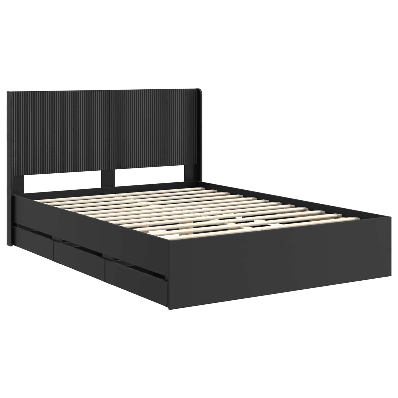 Modernes schwarzes Plattformbett mit Lattenrost, hohem geripptem Kopfteil und integrierten Seitenschubladen, vor weißem Hintergrund abgebildet.