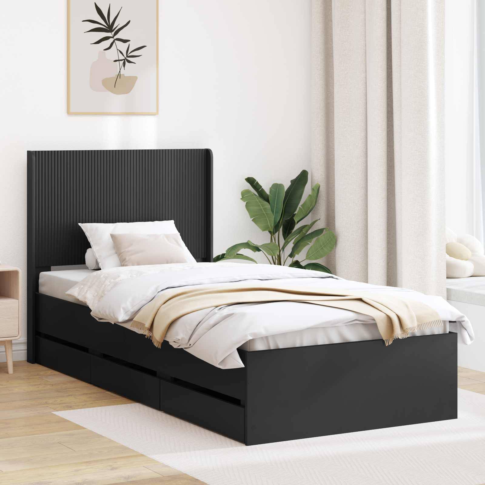 vidaXL Bettgestell mit Stauraum und Kopfteil Schwarz 75 x 190 cm