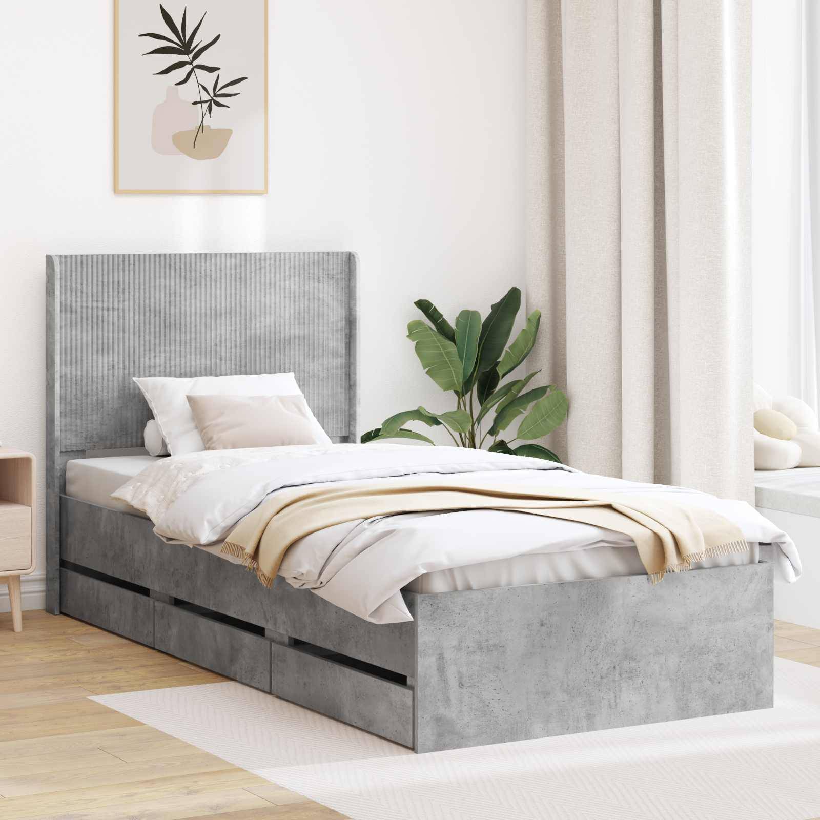 vidaXL Bettgestell mit Stauraum und Kopfteil Betongrau 90 x 200 cm