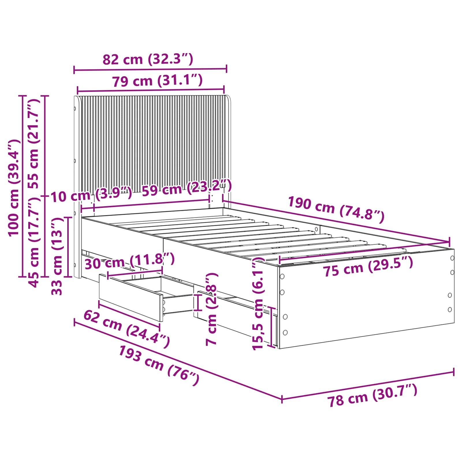 vidaXL Bettgestell mit Stauraum und Kopfteil Schwarz 75 x 190 cm
