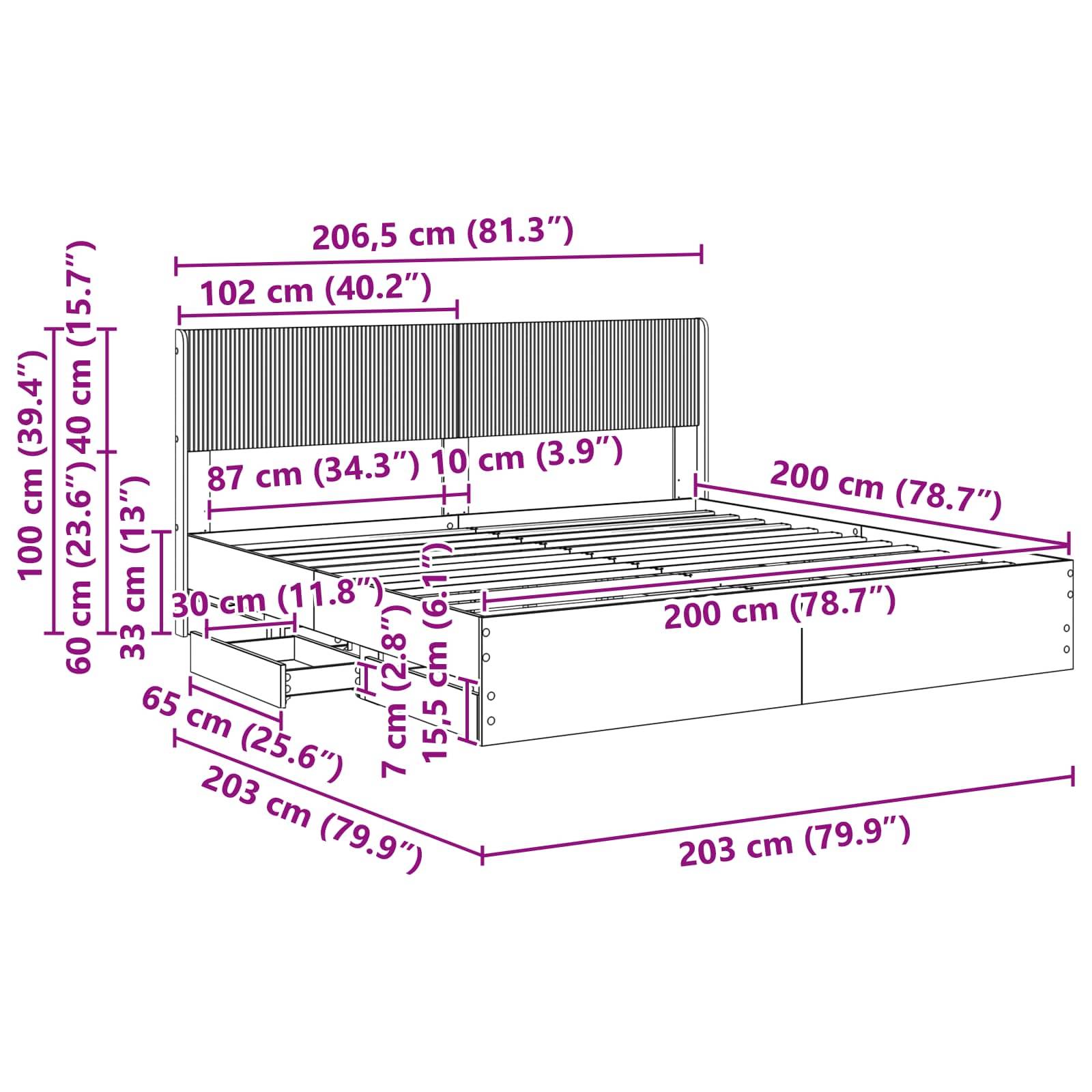 vidaXL Bettgestell mit Stauraum und Kopfteil Weiß 200 x 200 cm