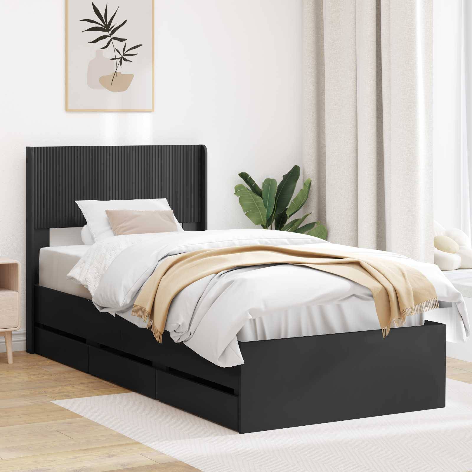 vidaXL Bettgestell mit Stauraum und Kopfteil Schwarz 90 x 190 cm