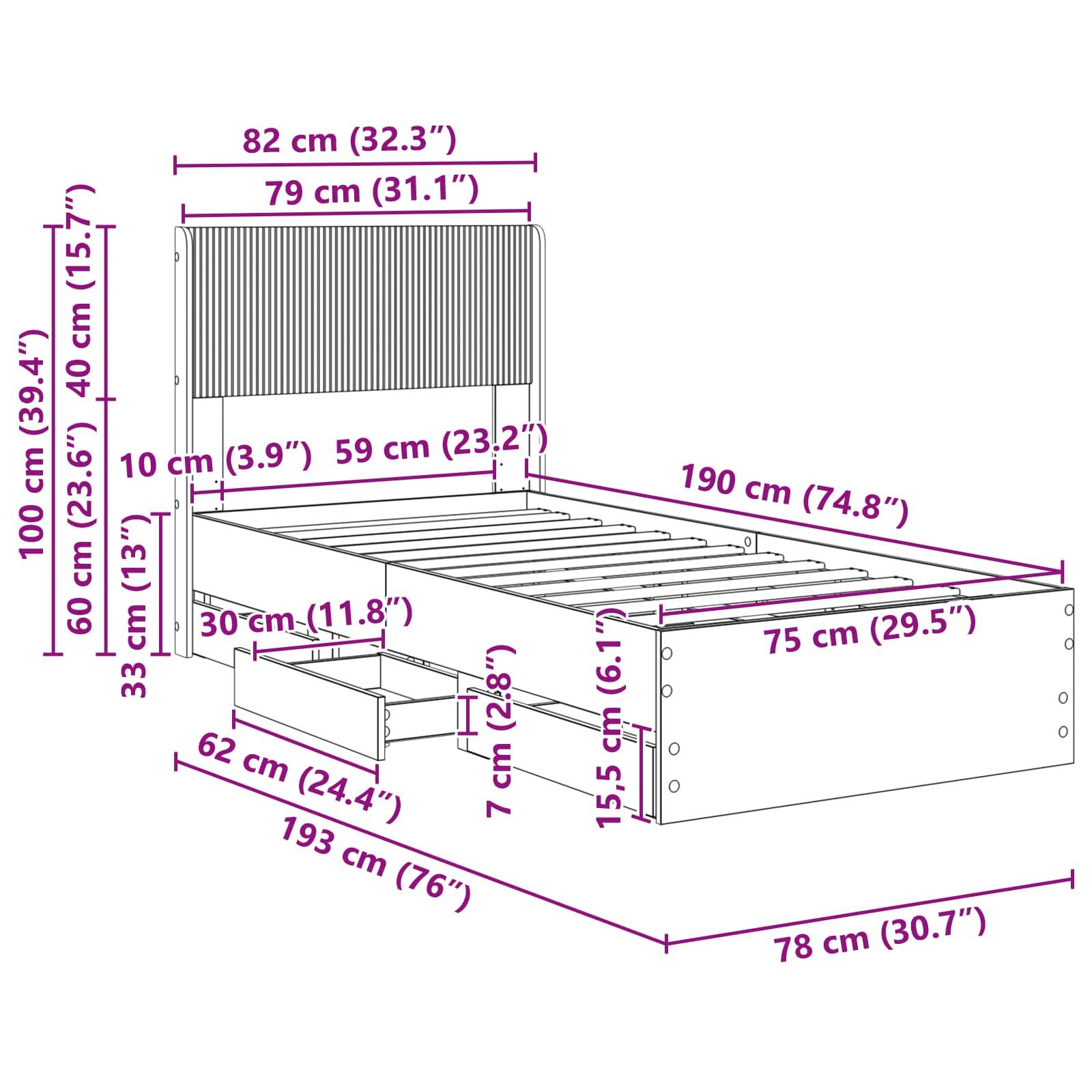 vidaXL Bettgestell mit Stauraum und Kopfteil Weiß 75 x 190 cm