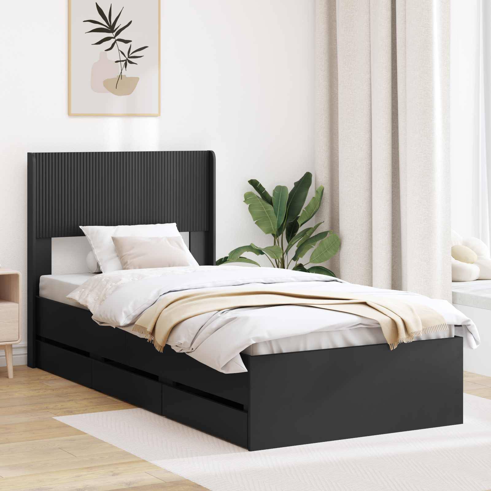 vidaXL Bettgestell mit Stauraum und Kopfteil Schwarz 75 x 190 cm