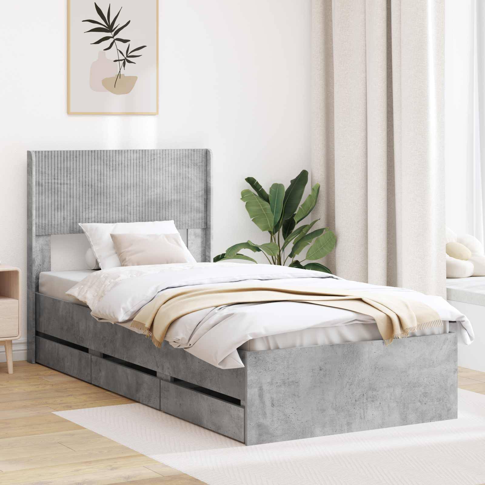 vidaXL Bettgestell mit Stauraum und Kopfteil Betongrau 75 x 190 cm
