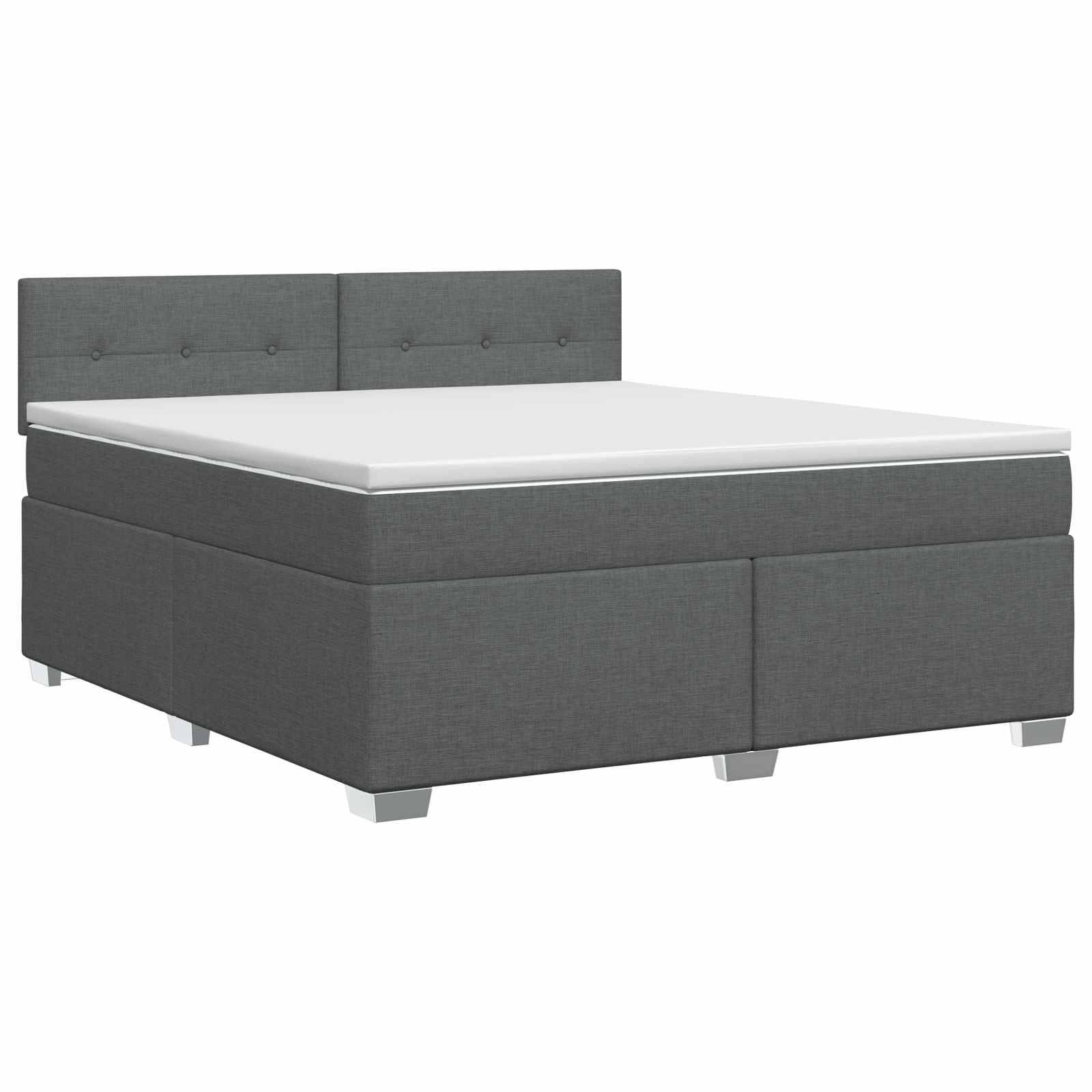 Grau gepolstertes Bett mit Kopfteil, Matratze und Speicherbasis auf weißem Hintergrund.