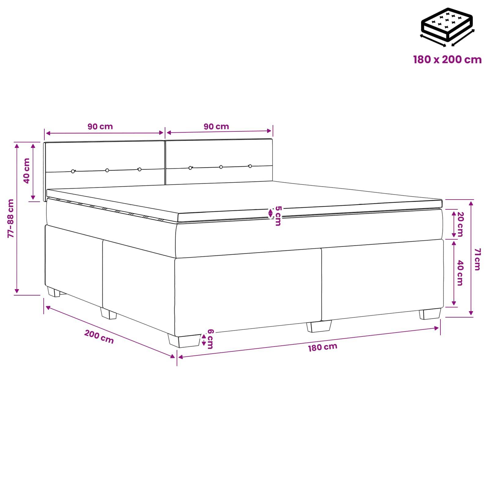 Maßstabgetreue Zeichnung eines Bettes mit Kopfteil und Rahmen, beschriftet mit Matratzenabmessungen von 180 x 200 cm und Gesamtabmessungen in cm.