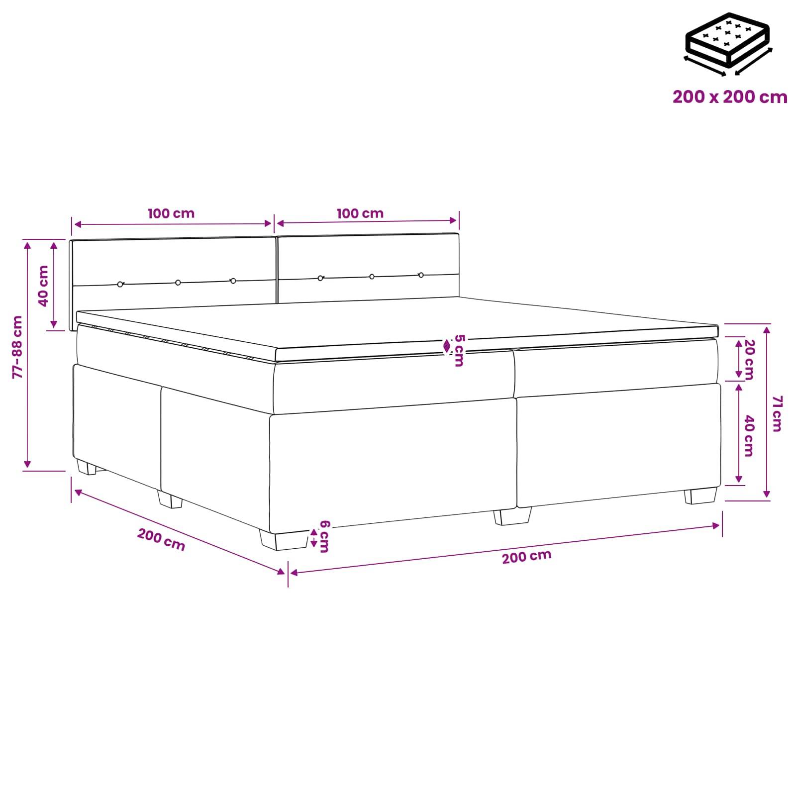 Linienzeichnung eines 200 x 200 cm großen gepolsterten Bettes mit Hubspeicher, mit den Abmessungen: 71 cm Gesamthöhe, 40 cm Basis, 8 cm Füße, 5 cm Matratzendicke.