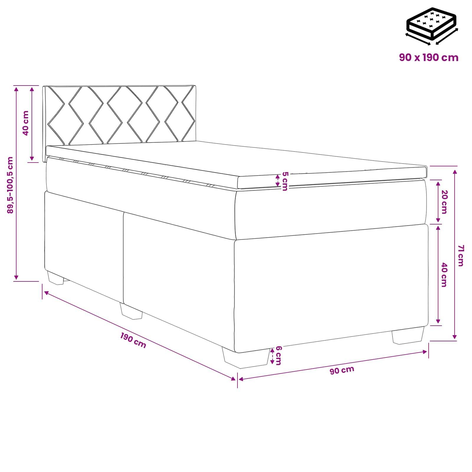 Maßstabgerechte Zeichnung eines gepolsterten Einzelbetts mit Kopfteil, mit den Abmessungen 190 x 90 cm und wichtigen Messwerten einschließlich 40 cm Kopfteil, 71 cm Höhe und 6 cm hohen Beinen.