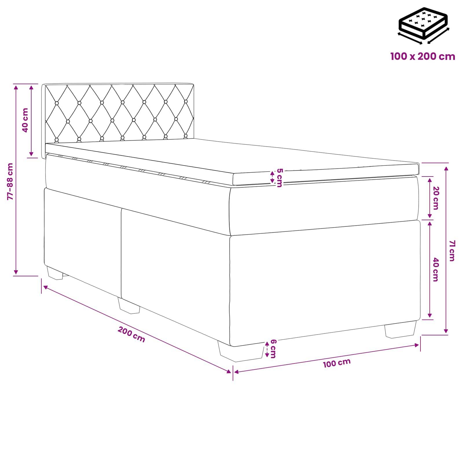 Maßstabgerechte Illustration eines Einzelbetts mit gepolstertem gestepptem Kopfteil und Speichersockel, zeigt die Matratzenabmessungen von 100 x 200 cm und Gesamtabmessungen in Zentimetern.