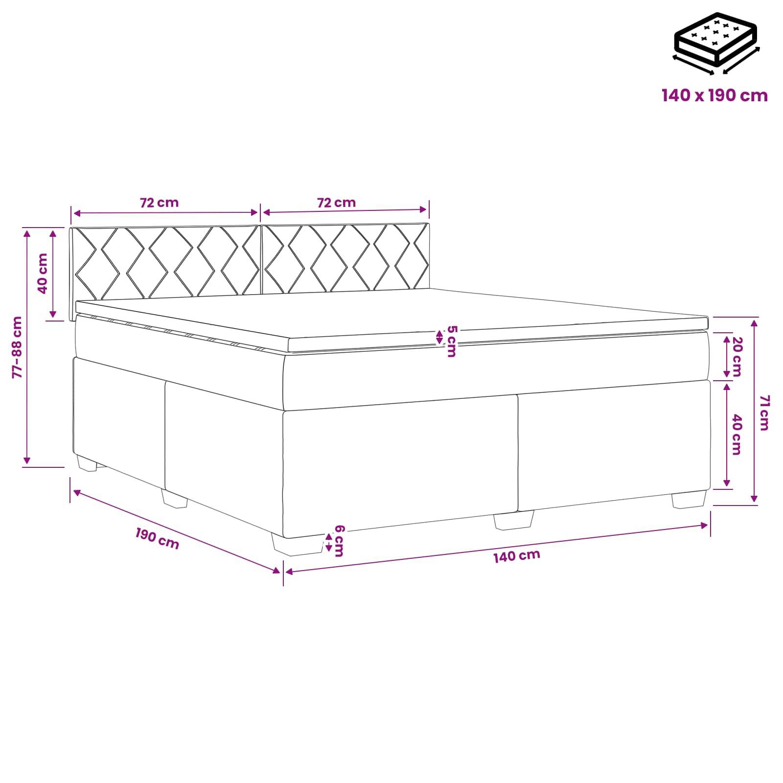 vidaXL Boxspringbett mit Matratze und LED Hellgrau 140 x 190 cm Samt