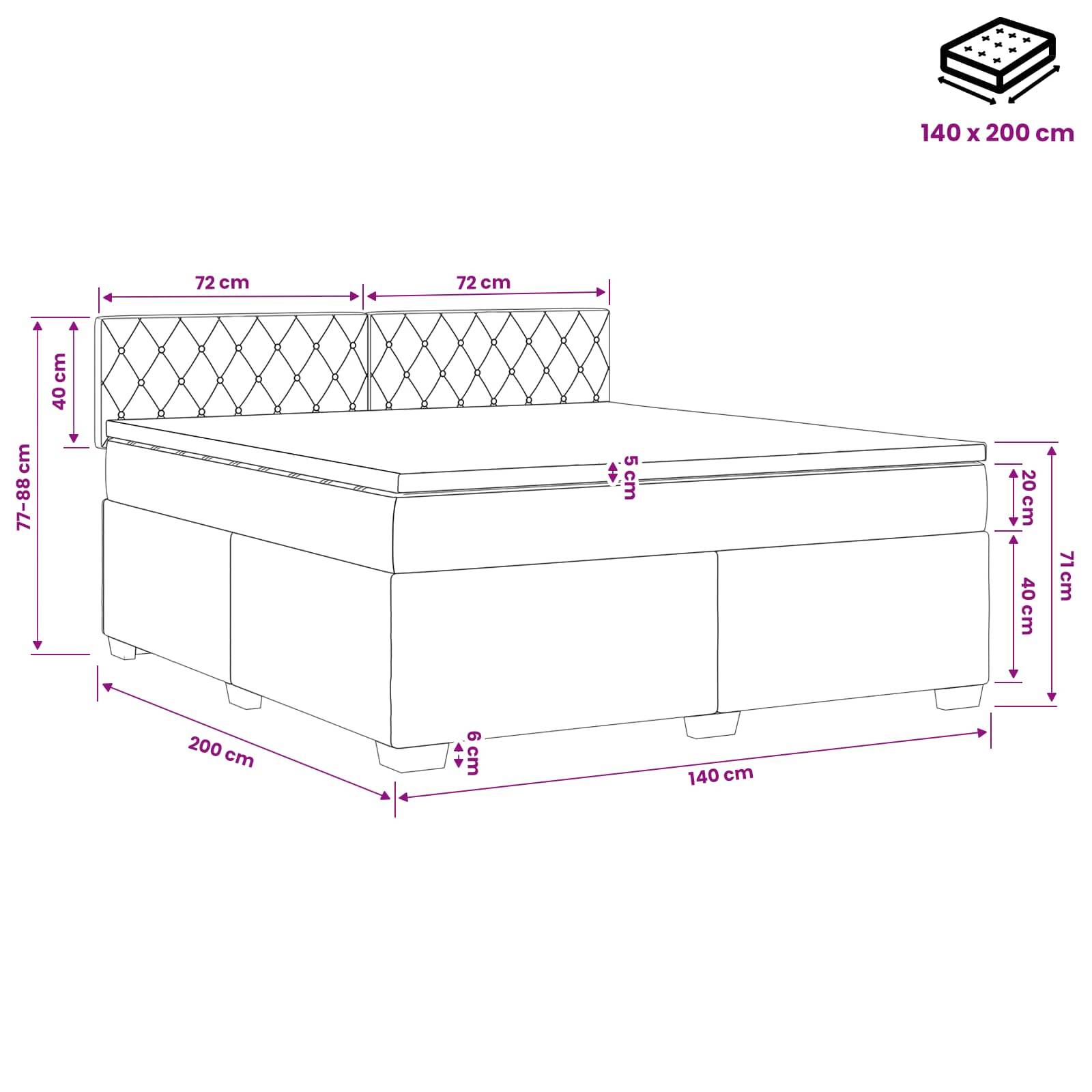 Illustrierte Bettmaße für ein 140 x 200 cm Bett mit Gesamtgröße und Höhenmessungen, einschließlich eines gesteppten Kopfteils und einer Speicherbasis.