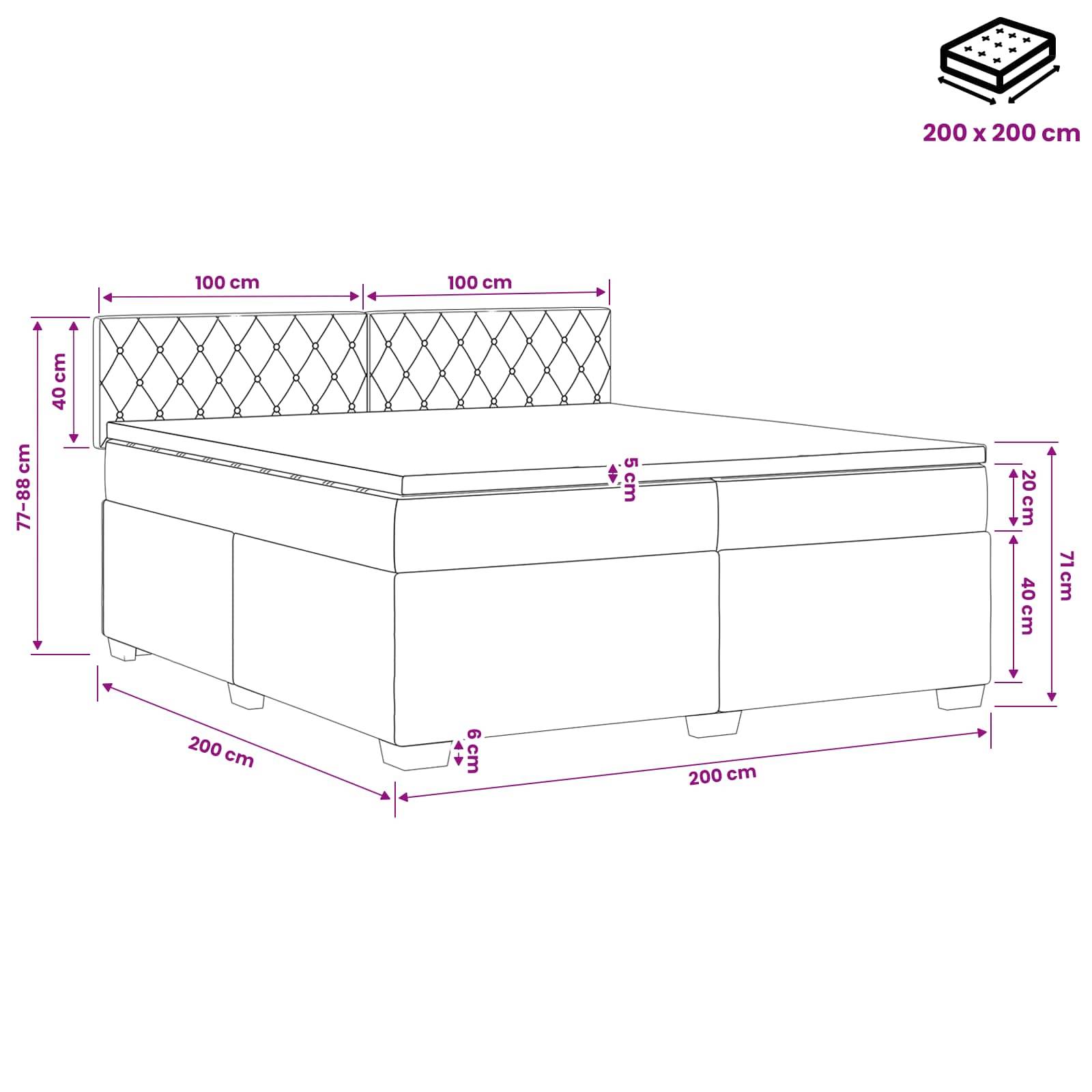 Maßstabgerechte Zeichnung eines Boxspringbettes mit gepolstertem Kopfteil und Matratze in der Größe 200 x 200 cm, mit Gesamtabmessungen und Höhenmessungen.