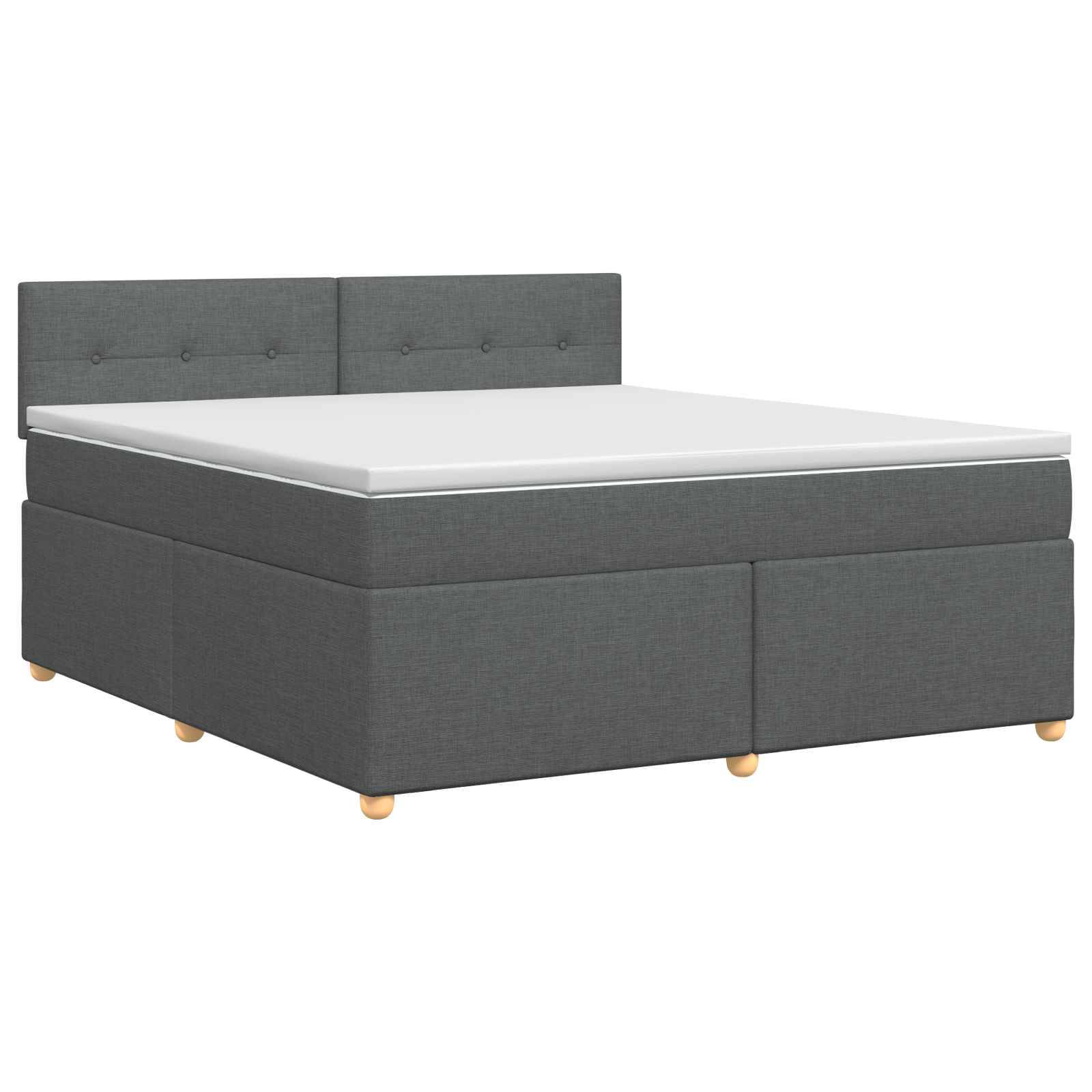 Grau gepolstertes Bett mit Kopfteil, weiße Matratze und Holzbeine auf weißem Hintergrund.
