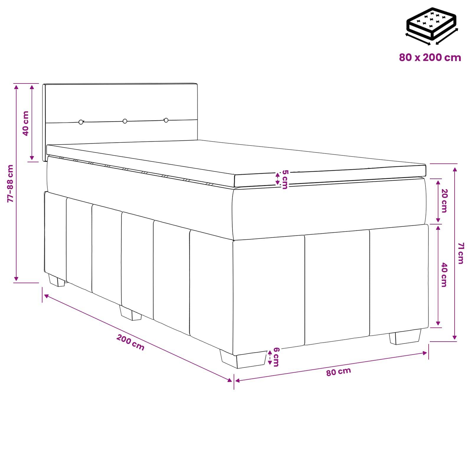 Bemaßte Zeichnung eines gepolsterten Einzelbetts mit Kopfteil, mit Matratzenabmessungen von 80 x 200 cm und Angaben für Höhe, Länge, Breite und Bodenfreiheit.