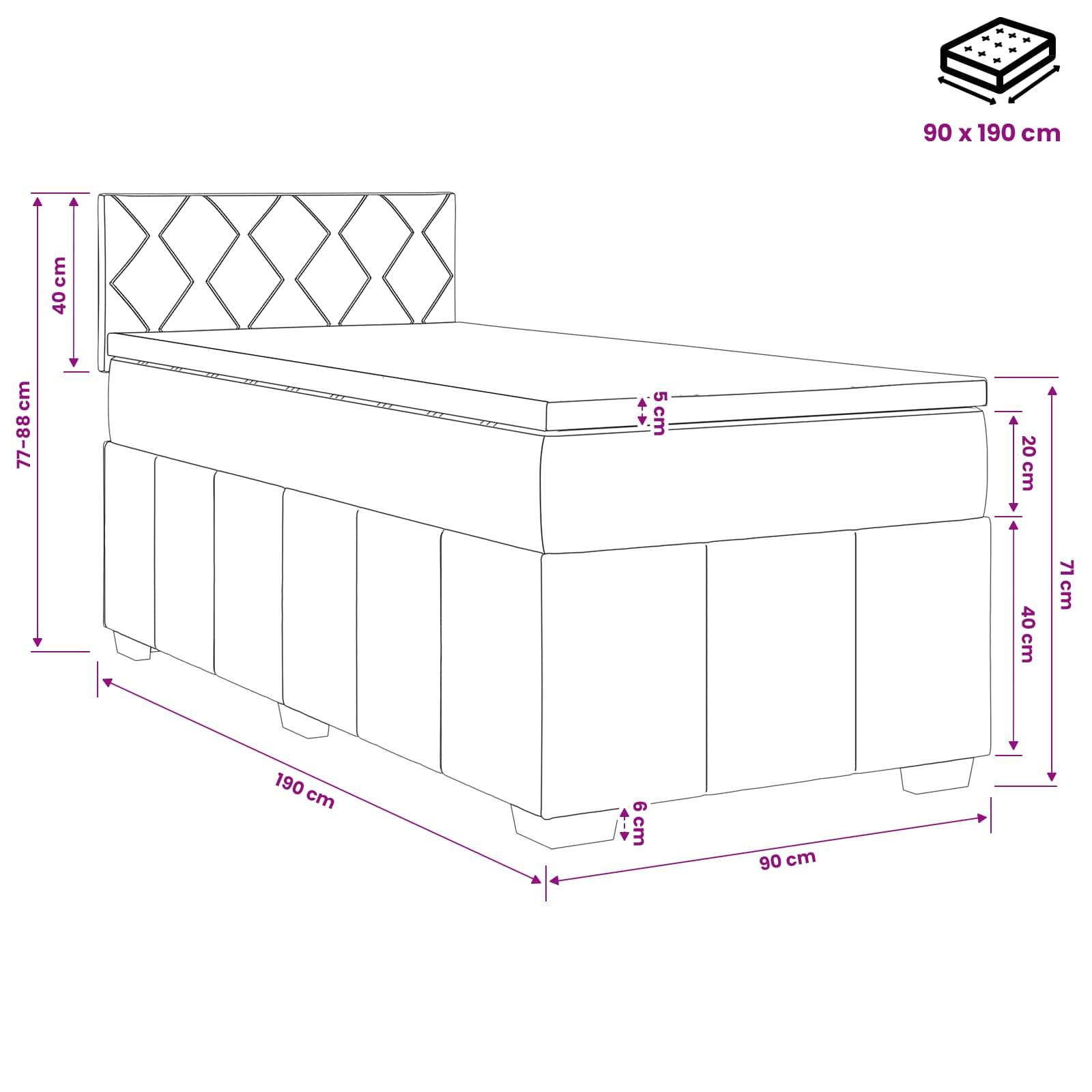 Diagramm eines Einzelbetts mit gepolstertem Kopfteil; Abmessungen angegeben als 190 x 90 cm, Kopfteil 40 cm hoch, Gesamthöhe 77-88 cm, Lagerhöhe 71 cm.