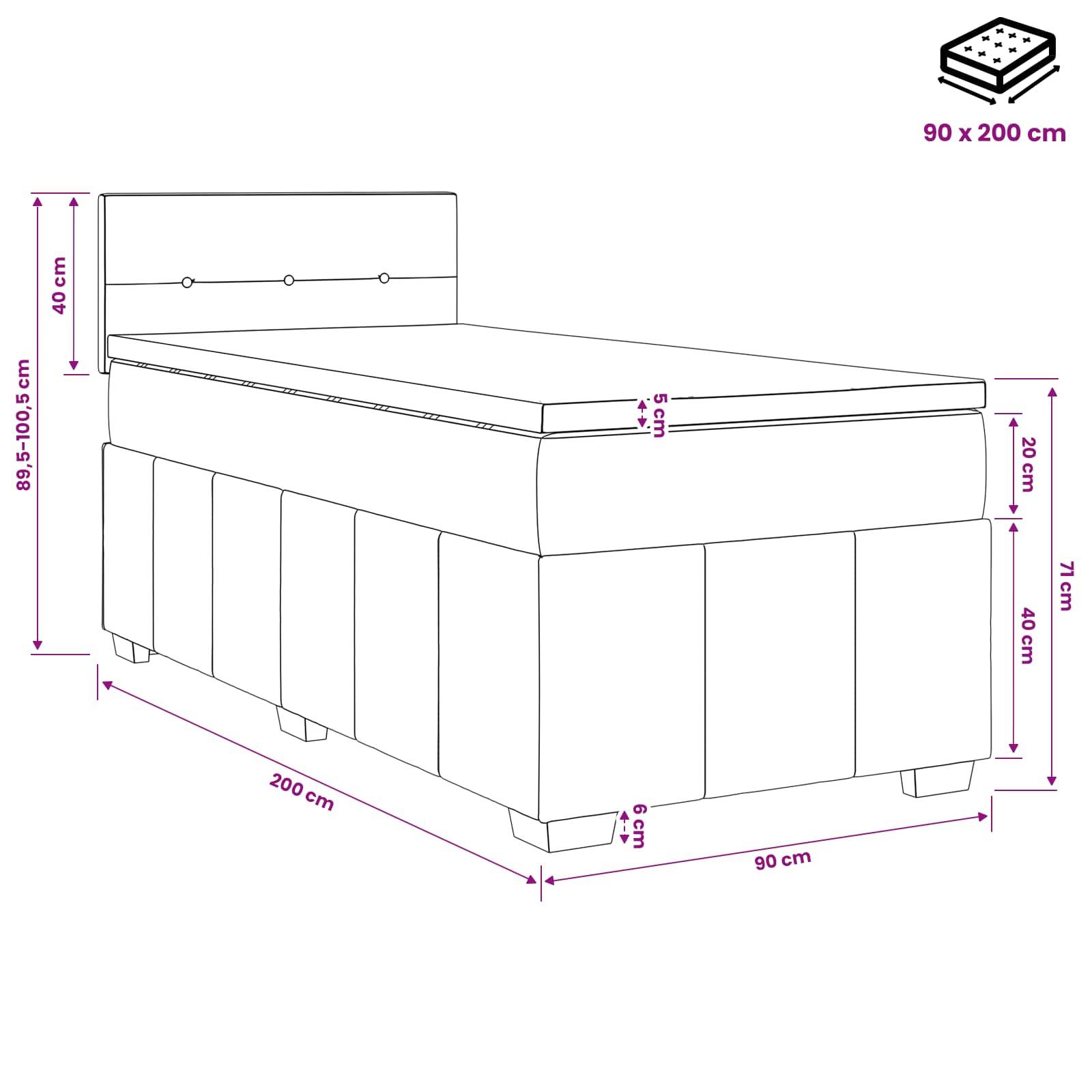 Bemaßte Zeichnung eines gepolsterten Bettes mit Matratzenformat 90 x 200 cm, 90 cm Breite, 200 cm Länge und Höhenabmessungen für Kopfteil und Bettsockel.