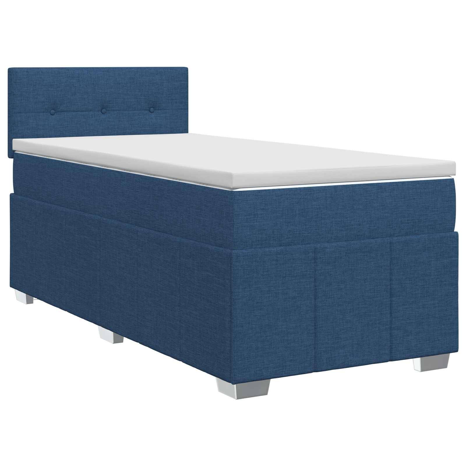 Einzelbett mit blauem Polsterbezug, Kopfteil und weißer Matratze auf kurzen Metallbeinen, vor weißem Hintergrund abgebildet.