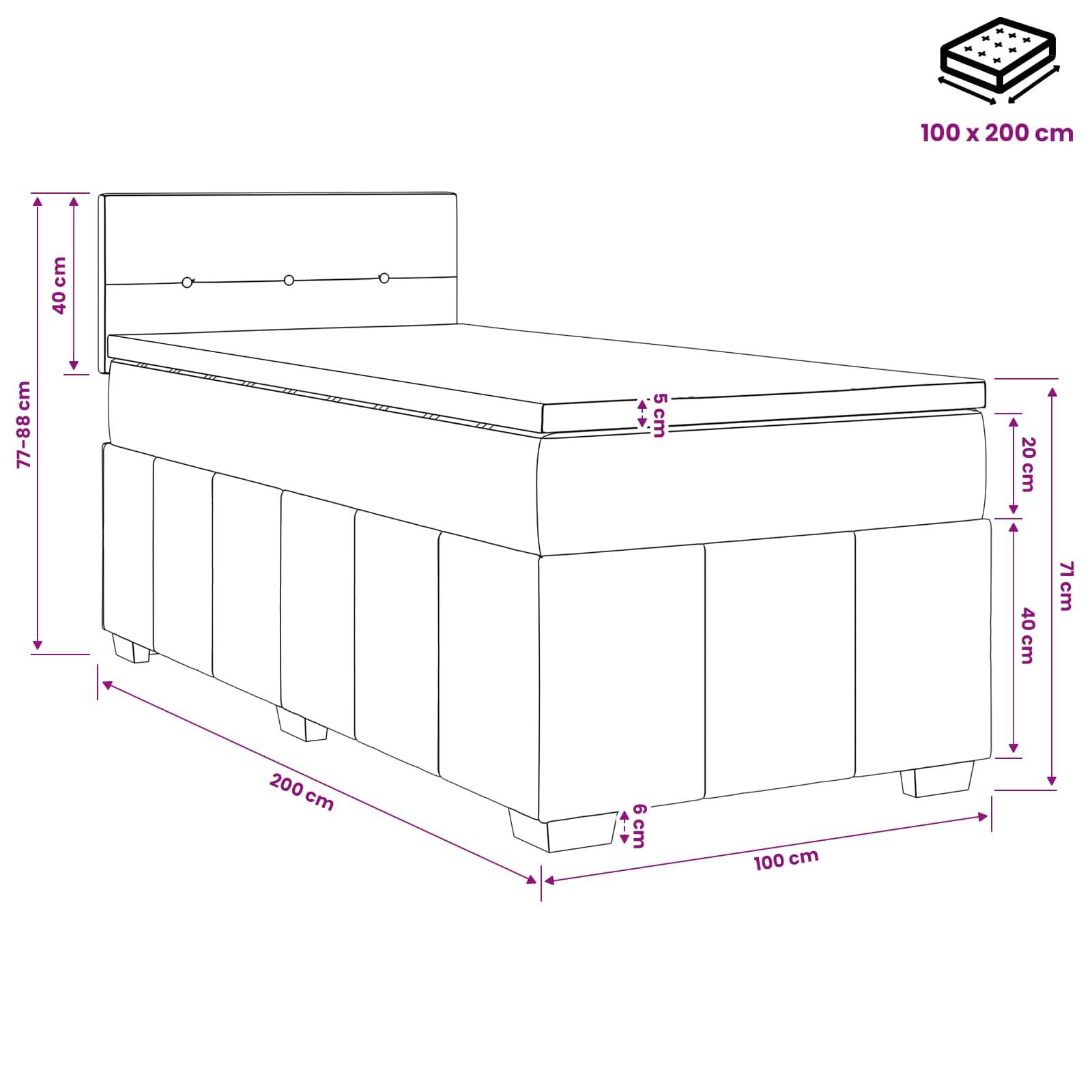 Bemaßte Zeichnung eines Einzelbetts mit gepolstertem Kopfteil und Matratze, beschriftet 100 x 200 cm, mit Gesamt- und Komponentenabmessungen in Zentimetern.