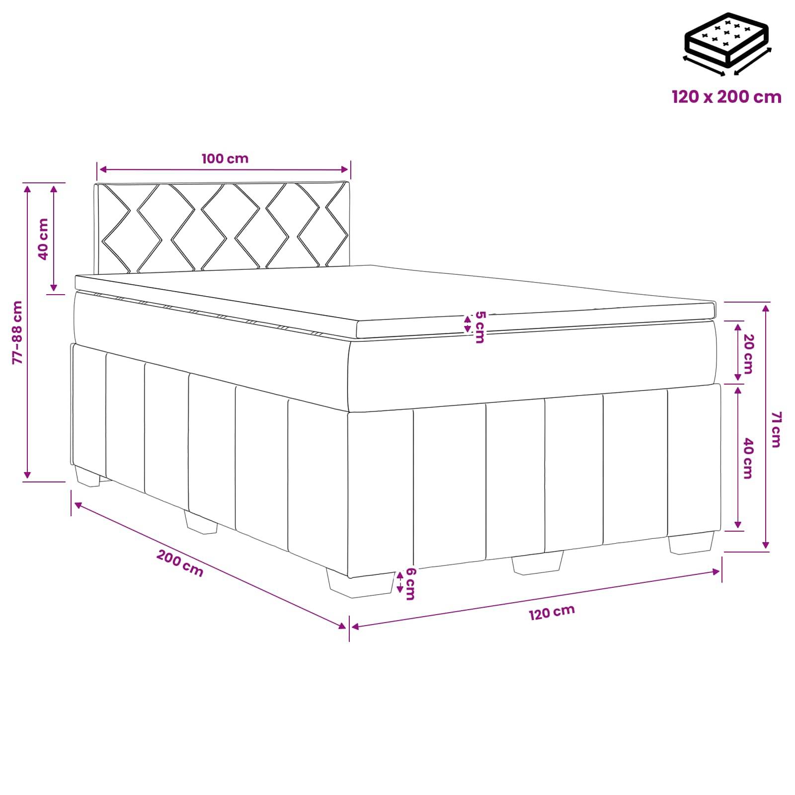 Diagramm eines Einzelbetts mit Kopfteil, mit beschrifteten Abmessungen 120 x 200 cm; Gesamthöhe 71 cm, Matratzenstärke 5 cm, Kopfteilhöhe 40 cm.