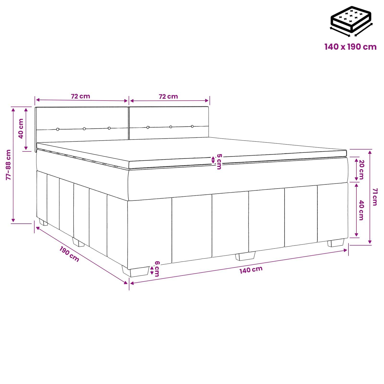 Maßstabgerechte Zeichnung eines Bettgestells für eine 140 x 190 cm Matratze mit Größenangaben für Kopfteil, Basis und Gesamthöhe/Länge.