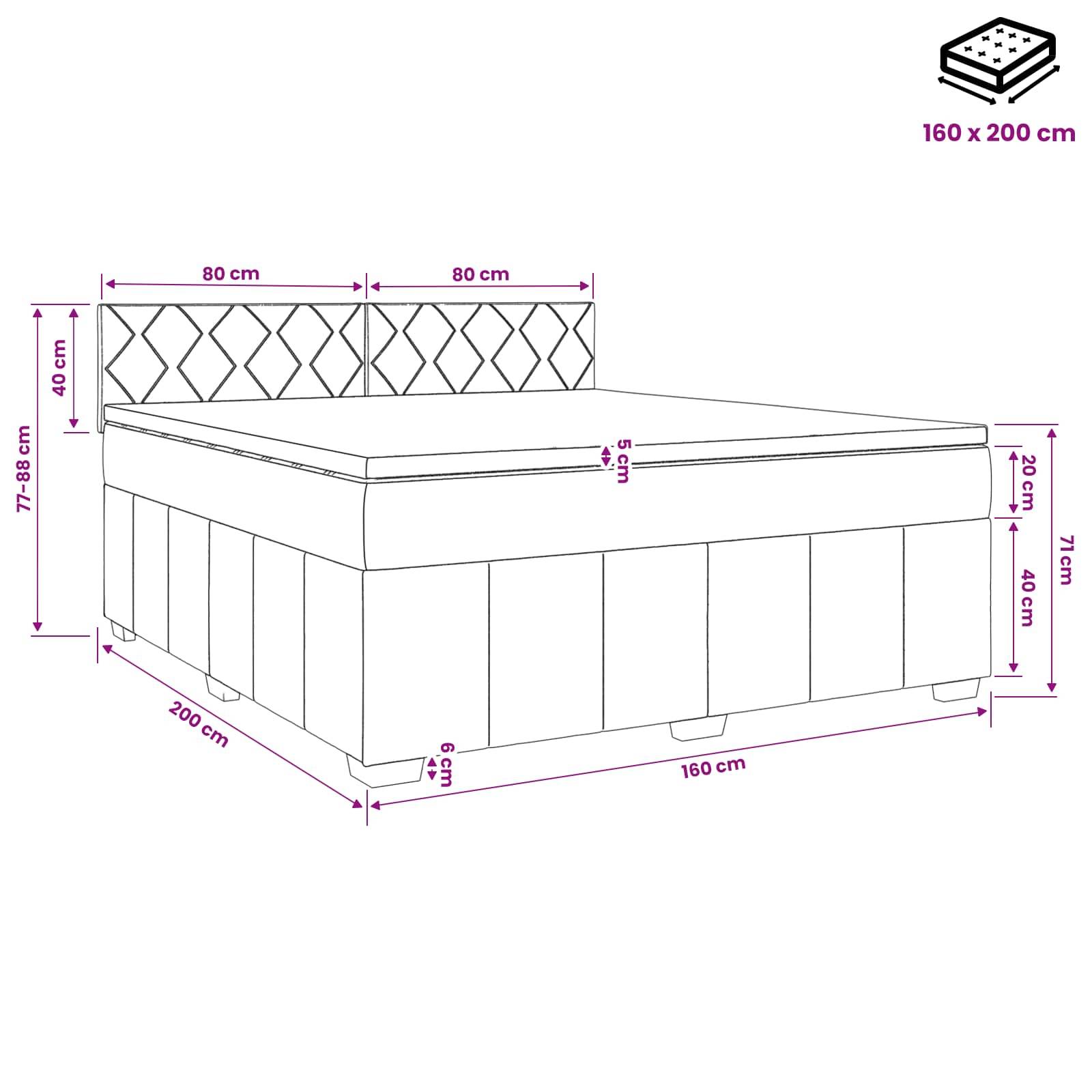 Strichzeichnung eines Speicherbetts mit Kopfteil und Matratze in der Größe 160 x 200 cm, wobei Abmessungen in Zentimetern aus mehreren Blickwinkeln dargestellt sind.