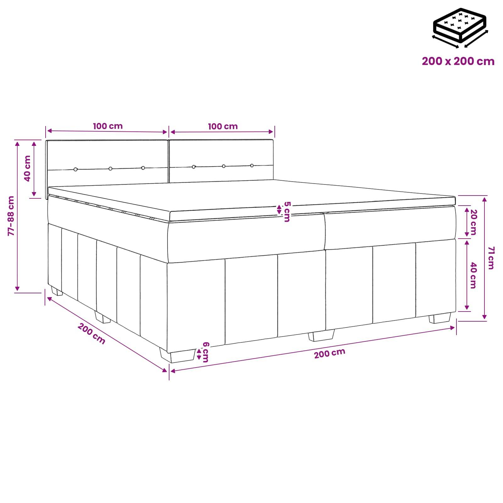 Maßstabgerechte Zeichnung eines 200 x 200 cm Betts mit Kopfteil; zeigt Gesamthöhe 77-88 cm, Kopfteil 40 cm, Fußteil 40 cm und 20 cm Seitenteil.