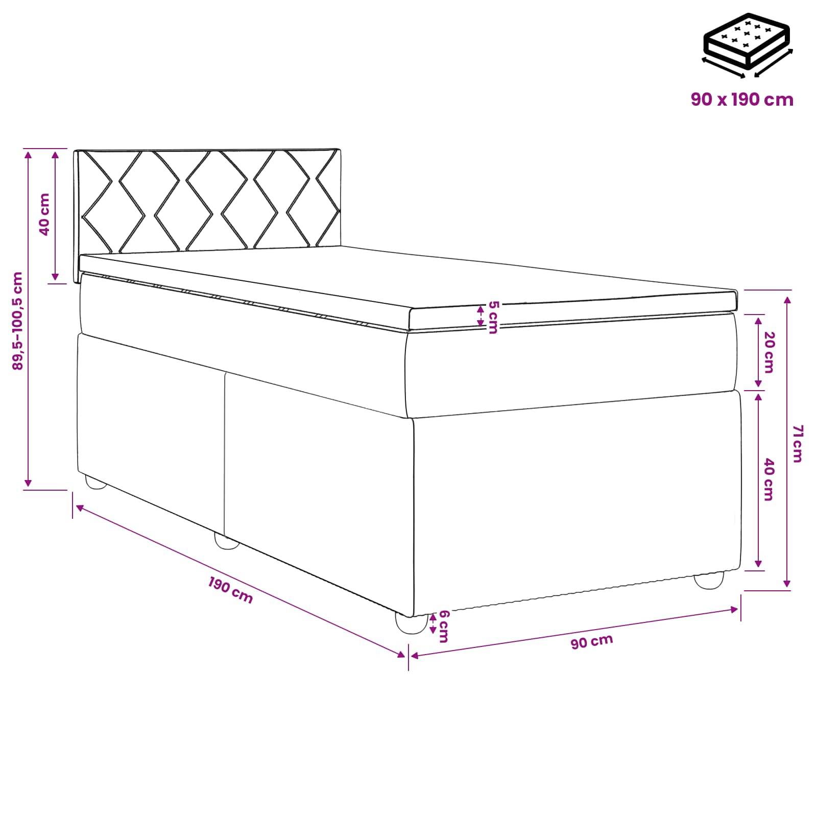 Maßstabgetreue Zeichnung eines Einzelbetts mit gepolstertem Kopfteil und Hubrahmen, beschriftet mit 190 x 90 cm, mit Angabe der Gesamthöhe und Seitenmessungen.