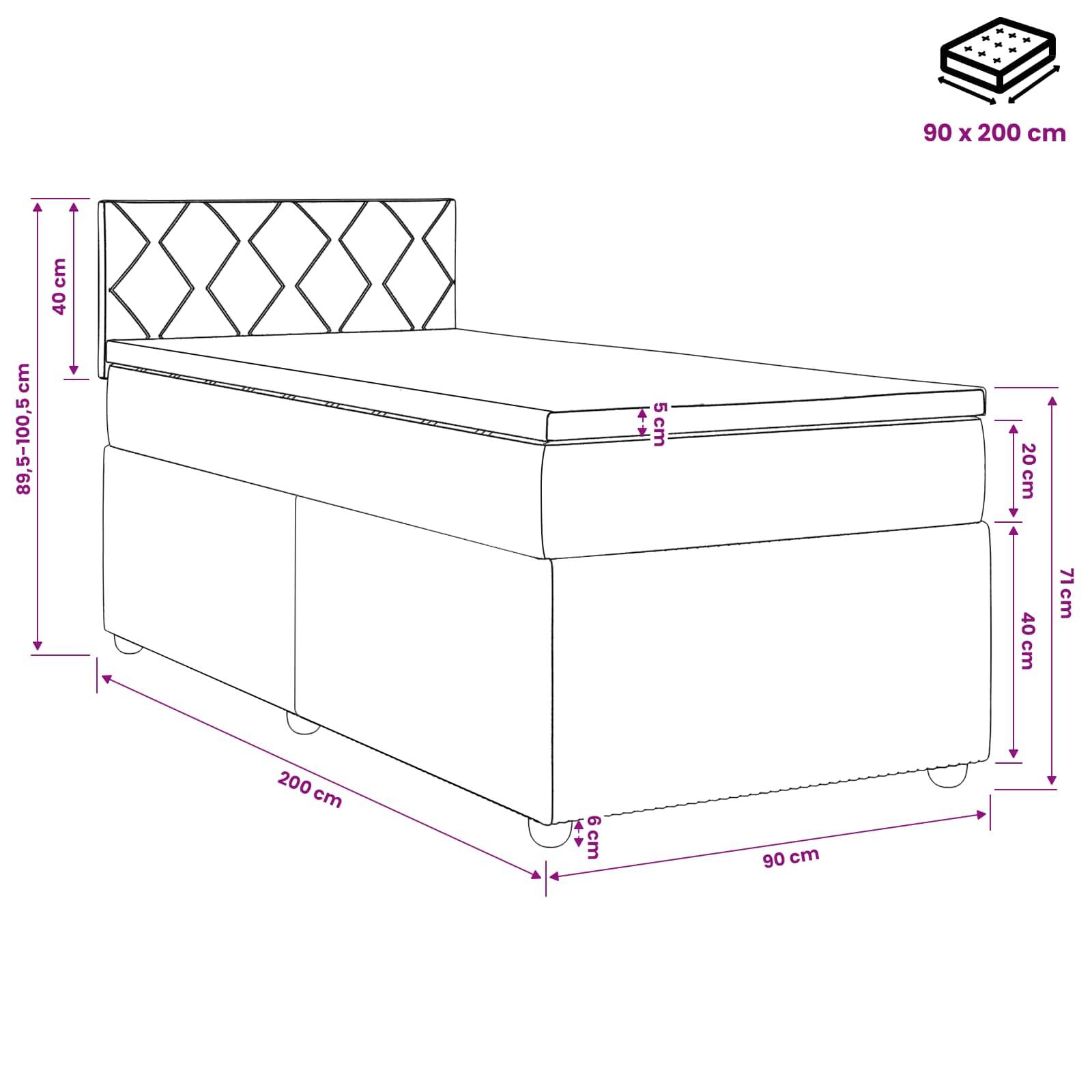 Maßstabgerechte Illustration eines einzelnen gepolsterten Bettes/Tagesbettes mit gemustertem Kopfteil; Matratzenabmessungen 90 x 200 cm, Gesamtlänge 200 cm, Breite 90 cm, Höhe etwa 89,5–100,5 cm.