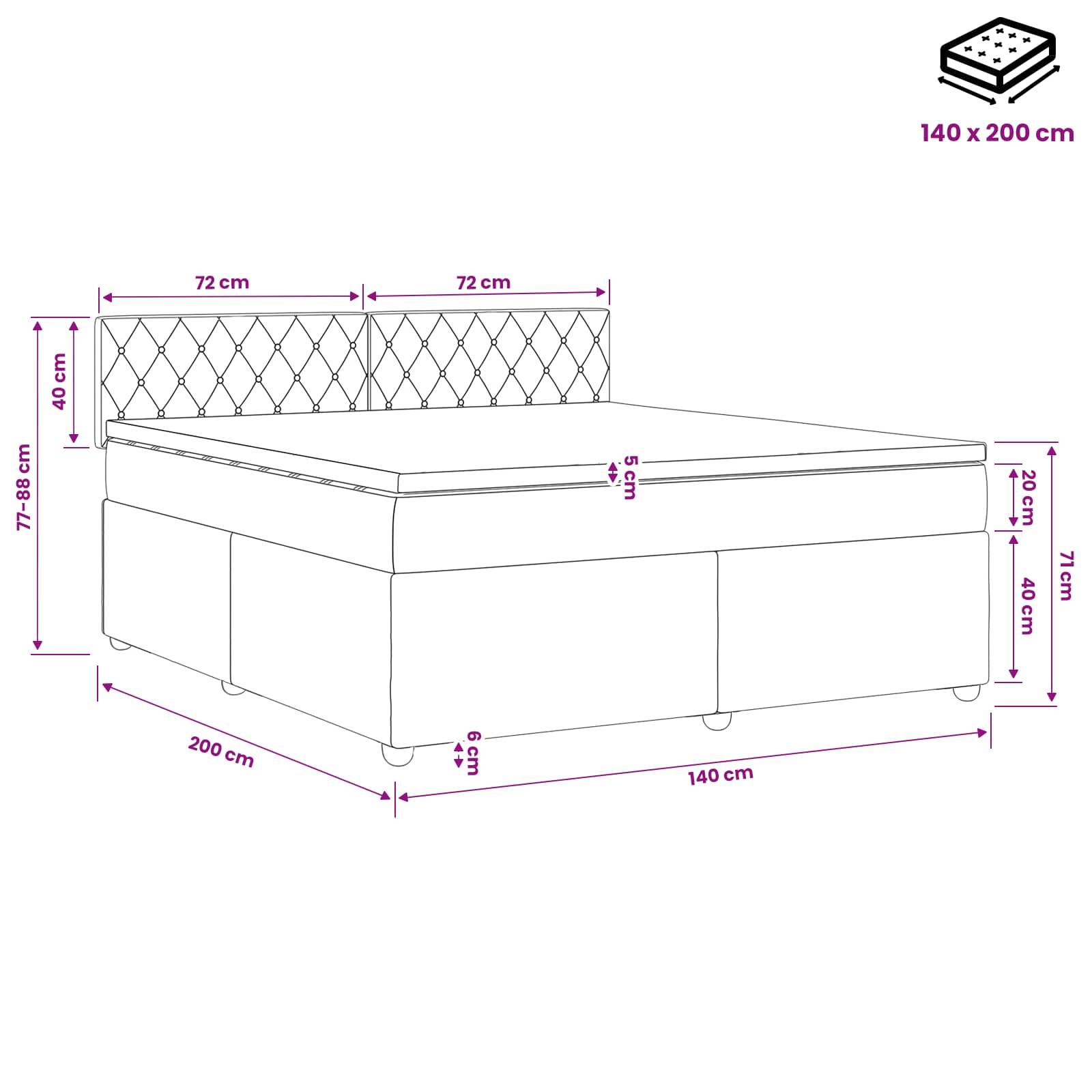 Bemaßtes Diagramm eines Bettes mit gepolstertem Sockel und gestepptem Kopfteil, das eine Matratzensgröße von 140 x 200 cm sowie Abmessungen für Höhe, Breite, Tiefe und Kopfteilabmessungen zeigt.
