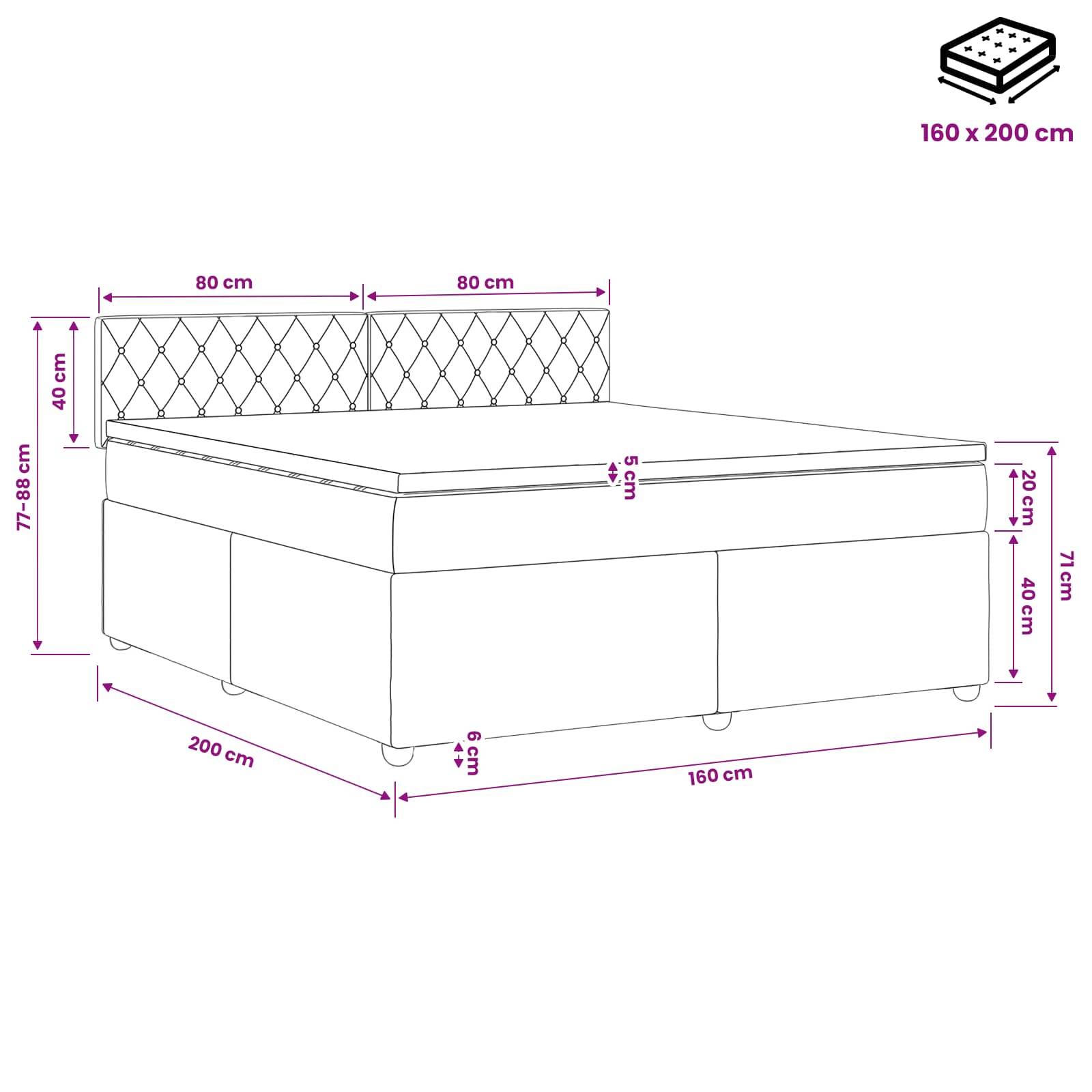 Maßstabgerechte Zeichnung einer gepolsterten Bettunterkonstruktion mit gepolstertem Kopfteil, die eine Matratze von 160 x 200 cm und Gesamtabmessungen in cm zeigt.