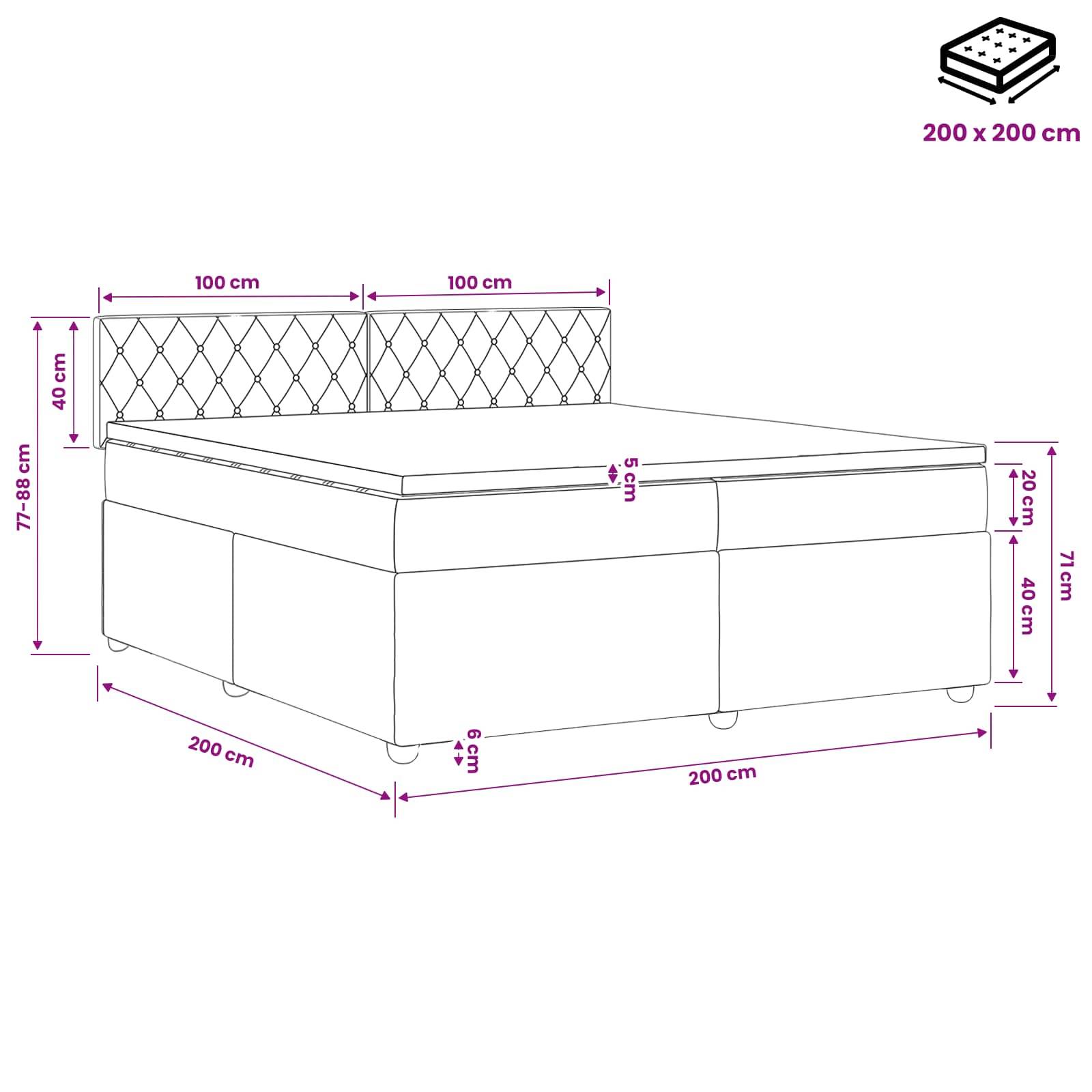 Maßstabzeichnung eines 200 x 200 cm großen gepolsterten Betts mit gestepptem Kopfteil; zeigt 100 cm breite Kopfteilabschnitte, 77–88 cm Kopfteillöhe und 71 cm Bettlöhe.