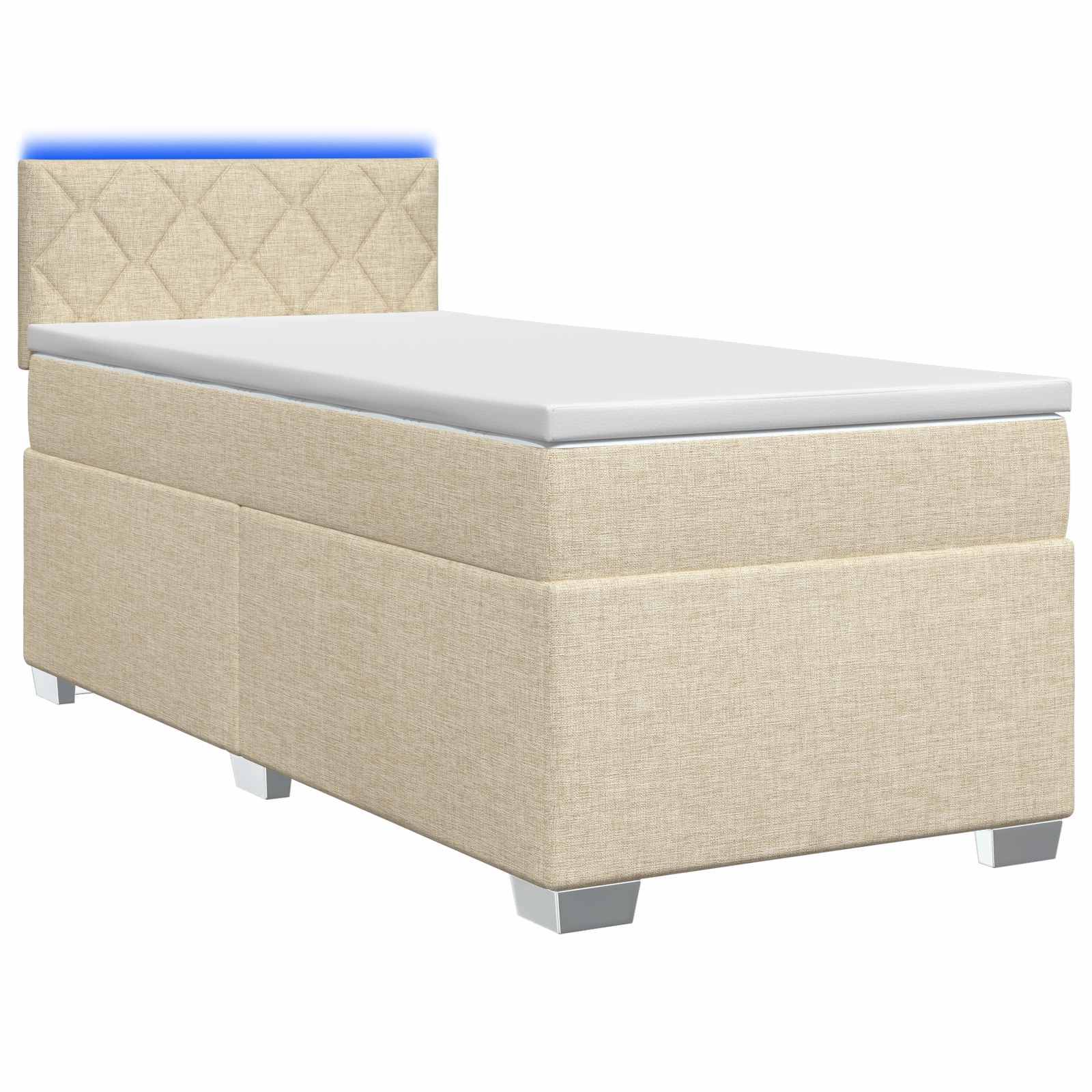 Beige gepolstertes Einzelbett mit einer schlichten weißen Matratze und gepolstertem Kopfteil, gezeigt auf weißem Hintergrund.