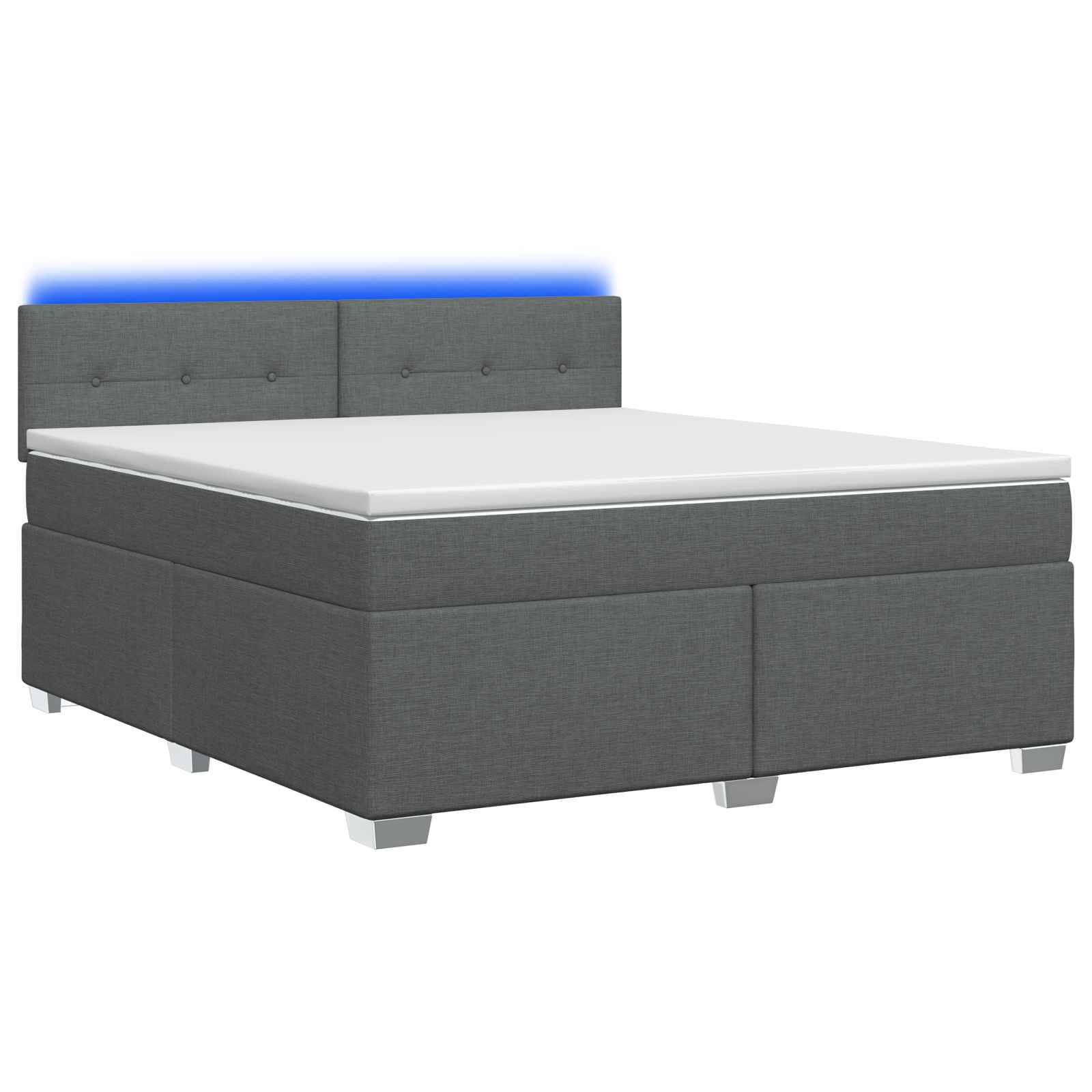 Grau gepolstertes Bett mit Matratze und gepolstertem Kopfteil, gezeigt mit blauem Glühen hinter dem Kopfteil auf weißem Hintergrund.